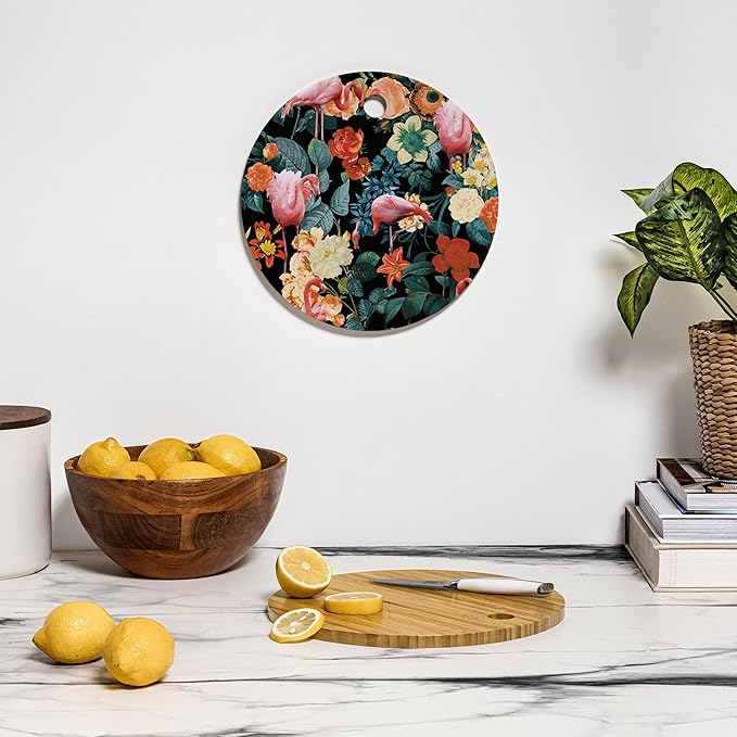 Society6 Bamboo Cutting Board- Kitchen Decor by Burcu Korkmazyurek - Unique Cutting Boards for Kitchen, 11.5" x 11.5" x 0.5", Floral And Flamingo II