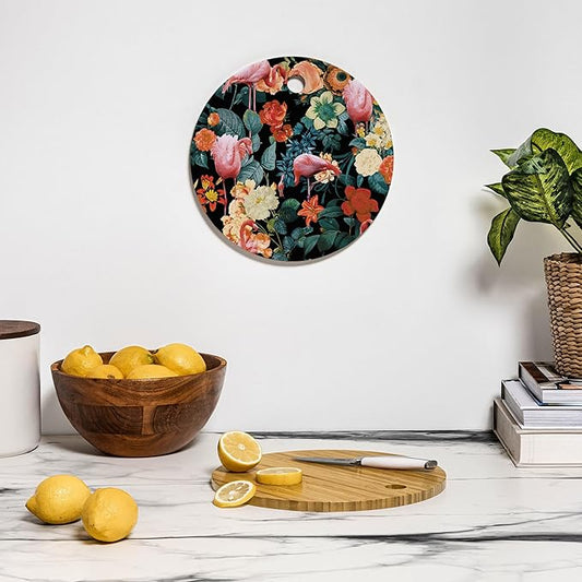 Society6 Bamboo Cutting Board- Kitchen Decor by Burcu Korkmazyurek - Unique Cutting Boards for Kitchen, 11.5" x 11.5" x 0.5", Floral And Flamingo II
