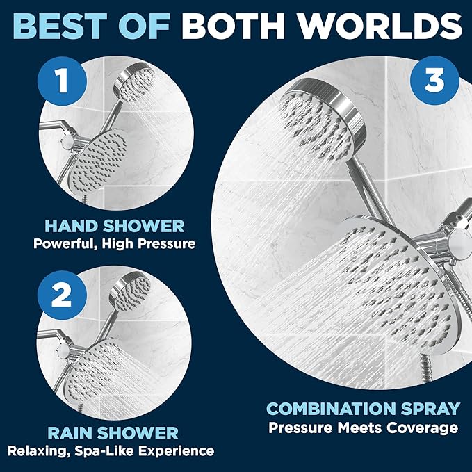 HammerHead Showers® Solid Metal Dual Shower Head Combo – CHROME – 8 Inch Rainfall High Flow Shower Head & Handheld Shower Head High Pressure with Hose 6ft - Hotel-Like Double Shower Heads