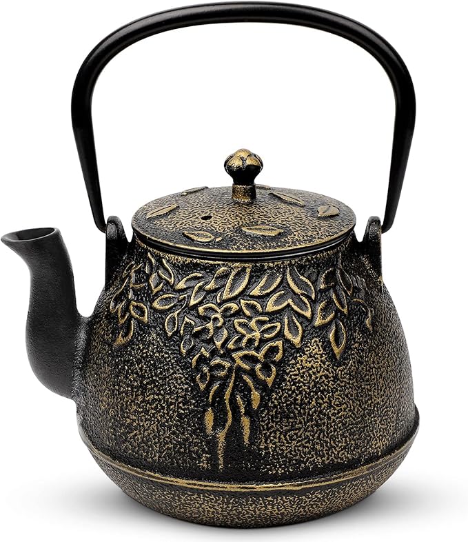 Toptier Tea Kettle for Stove Top, Cast Iron Teapot Stovetop Safe with Infusers for Loose Tea, 54 oz, Black
