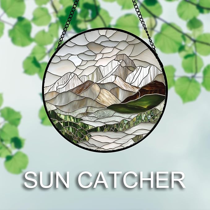 Stained Glass Window Hanging 4 Pcs Set Mountain River Landscape Large 11.8" - Suncatcher Door Garden Sun Catcher Decor Birthday Mother's Day for Mom Woman Nana Girl Boy Friend