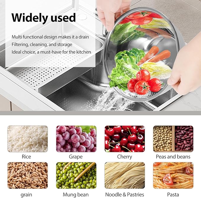 2PCS Rice Washer Strainer Bowl with Side Drainers Stainless Steel Rice Washing Bowl Multifunctional Colander for Cleaning Rinsing Fruits Vegetables Beans Silver
