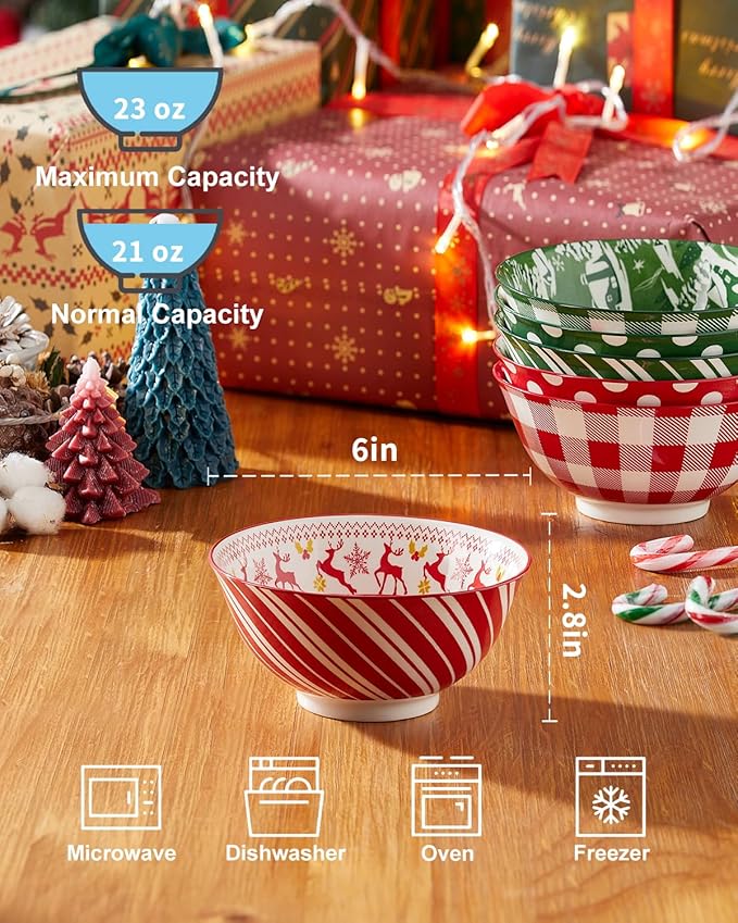Christmas Soup Bowls, 23 Oz Cereal Bowl Set for Kitchen, Deep Ceramic Bowls for Salad, Dessert, Pasta, Ice Cream, Dishwasher and Microwave Safe, Set of 6