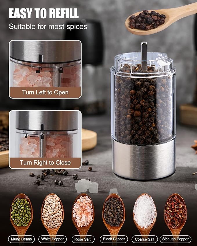 GiveBest Electric Salt and Pepper Grinder Set with Easy-to-Carry Charging Base and LED Light, Automatic Salt and Pepper Grinder Set, Adjustable Coarseness, USB Rechargeable, Washable Container