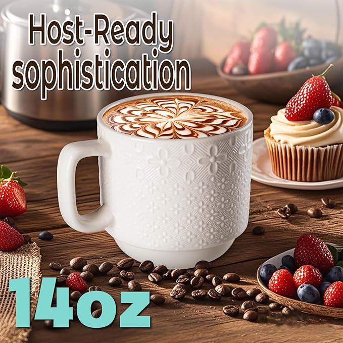 Large Coffee Mug Set of 4 with Stand and Spoons – 14oz Heavy Duty Ceramic Cups for Breakfast Coffee, Hot Drinks, Cocoa – Microwave & Dishwasher Safe – Big Porcelain Mugs Gift for Home Use