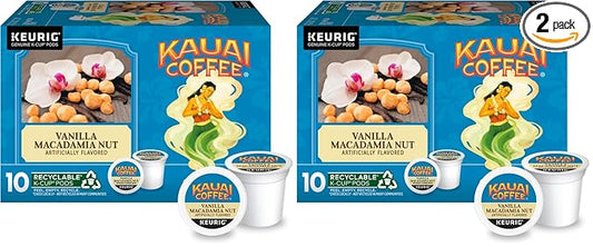 Kauai Coffee K-Cup Pods for Keurig Brewers – Arabica Coffee, 10% Hawaiian – Medium Roast, Vanilla Beans with Toasted Macabamia Nuts – Vanilla Macadamia Nut, 2 Pack of 10 Single Serve K-Cups