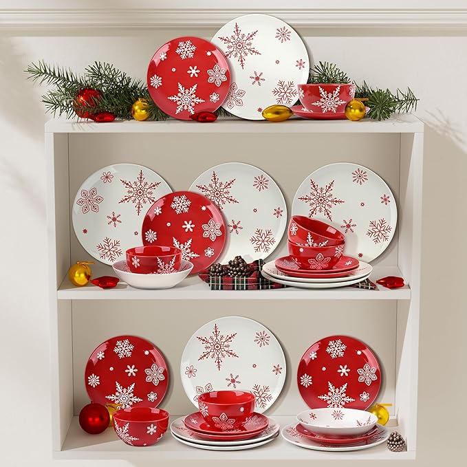 Ollieroo 4 Pieces Ceramic Christmas Pasta Bowls Set, 8 Inch 26oz White Red Snowflake Xmas Holiday Porcelain Wide and Shallow Salad Serving Bowls Plates, Microwave and Dishwasher Safe