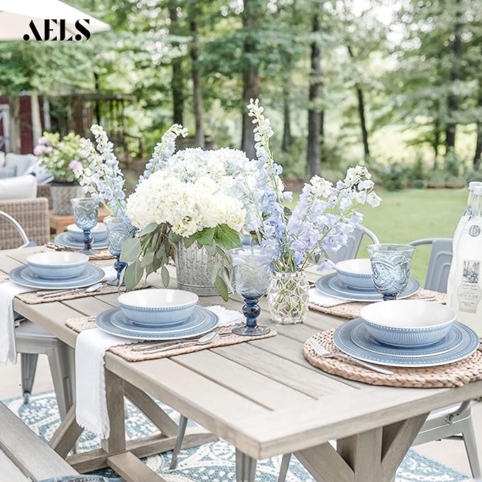 AELS Melamine Dinnerware Set of 18 Pcs, Dinner Dishes Set for Indoor and Outdoor Use, Melamine Plates and Bowls Set for 6, Dishwasher Safe, Lightweight Unbreakable, BPA Free, Blue
