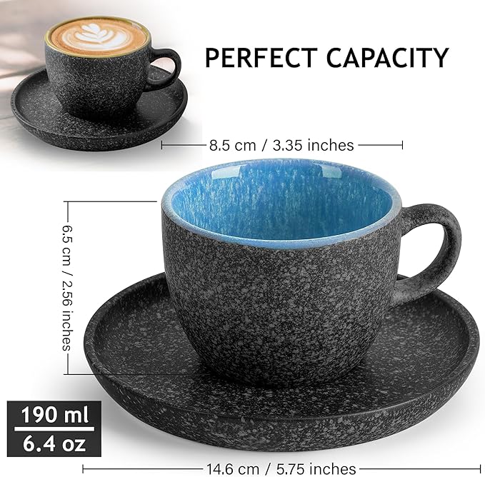 MIAMIO – 6.4 Ounce Ceramic Stackable Cappuccino Cup with Saucers and Metal Stand – Set of 6 Stoneware Cappuccino Mug Set for Specialty Coffee Drinks, Americano, Latte – Las Palmitas Collection