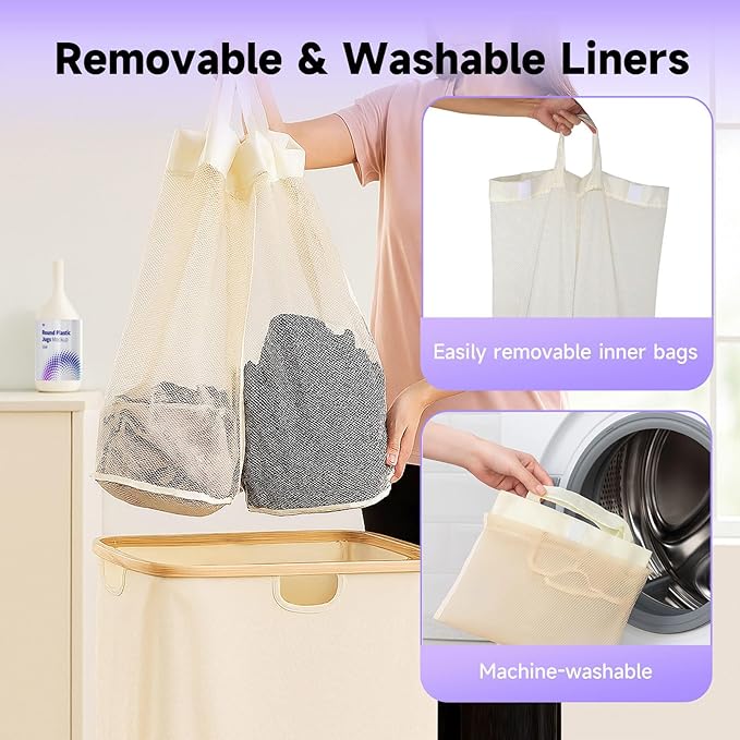 145L Double Laundry Basket with Lid, 2 Section Dirty Clothes Hamper with 2 Removable Bags for Bedroom, Bathroom, Dorm, Beige