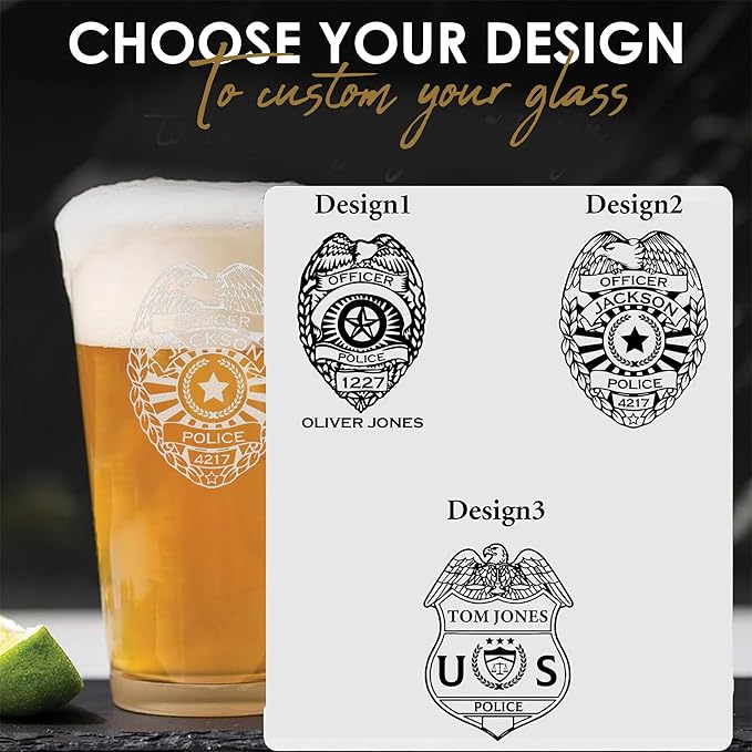 Personalized Police Officer Beer Glass, Custom Name & Number Beer Pint, 16oz Engraved Police Drinkware, Engraving Gifts for Men Dad, Retirement, PD
