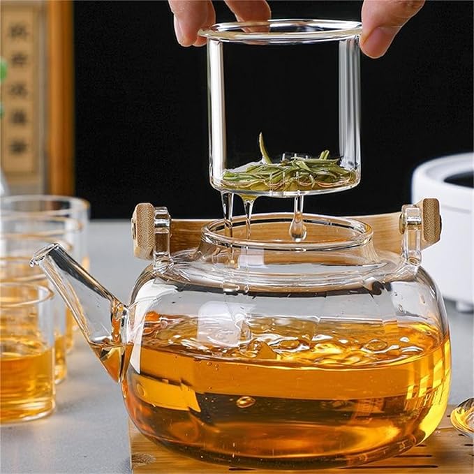 Glass Teapot,1000ml Large Capacity Multifunctional Borosilicate Teapot with Bamboo HandleTeapot with Removable Loose Tea Infuser,Glass Tea Pot Gas & Electric Stovetop Safe.（No heater included）