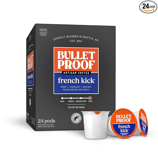 Bulletproof French Kick Dark Roast Single Serve Pods, 24 Count, 100% Arabica Coffee, Clean Coffee Tested for Toxins, Packaging May Vary