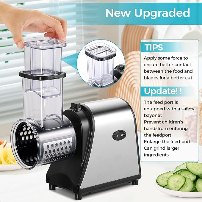 Electric Cheese Grater, 5-in-1 Vegetable Slicer & Salad Maker with Stainless Steel Blades, 250W One-Touch Electric Cheese Shredder for Block Cheese, Vegetables, Fruits and Nuts
