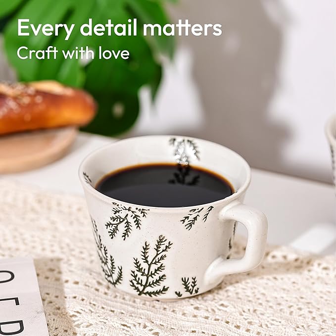 Ceramic Coffee Mug, 12 oz Novelty Unique Teacup with Handle, Stoneware Cup for Tea Mocha Latte Cappuccino Espresso (Set of 2, Ivy and Leaf)