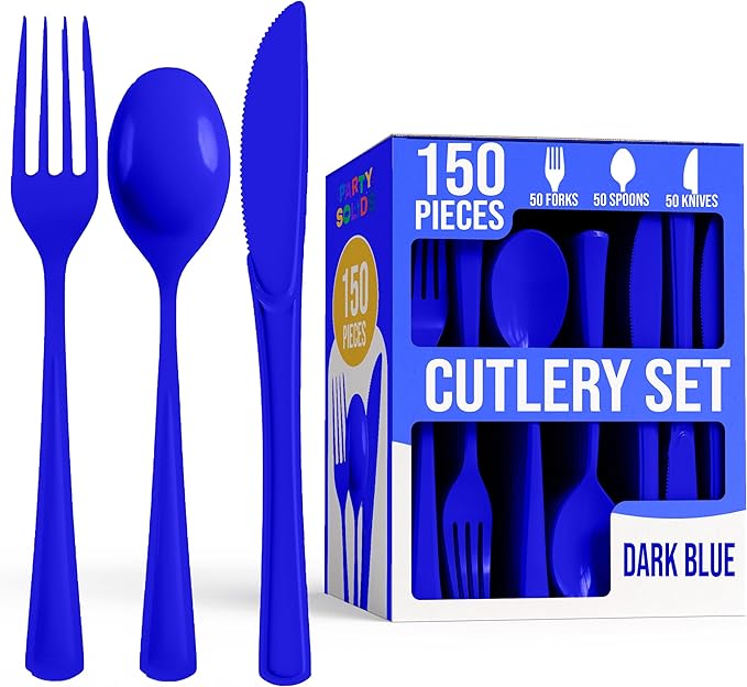 Party Solids Dark Blue Plastic Silverware Heavy Duty 150 Pieces Dark Blue Disposable Silverware Heavy Duty, Utensil Sets, 50 Of Each Forks, Knives & Spoons Disposable Cutlery Set For Party Supplies