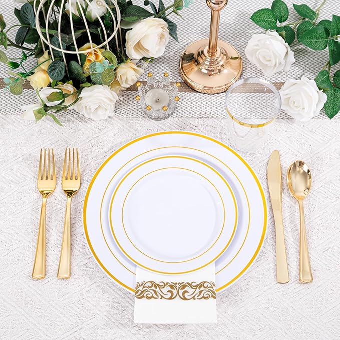 Supernal 800Pcs Gold Plastic Dinnerware Set, White Elegant Plastic Plates, Heavy Duty Disposable Plates Serve 100 Guests Including Dinner & Dessert Plate, Gold Silverware, Cups and Napkins for Wedding