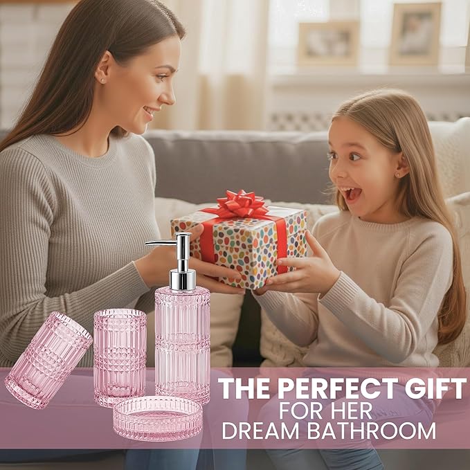 Escenzy Pink Bathroom Accessories Set 4 Pcs | Premium Glass Soap Dispenser and Toothbrush Holder Set, Qtip Holder, Soap Tray | Bathroom Counter Organizer Essentials | Modern Bathroom Set (Pink)