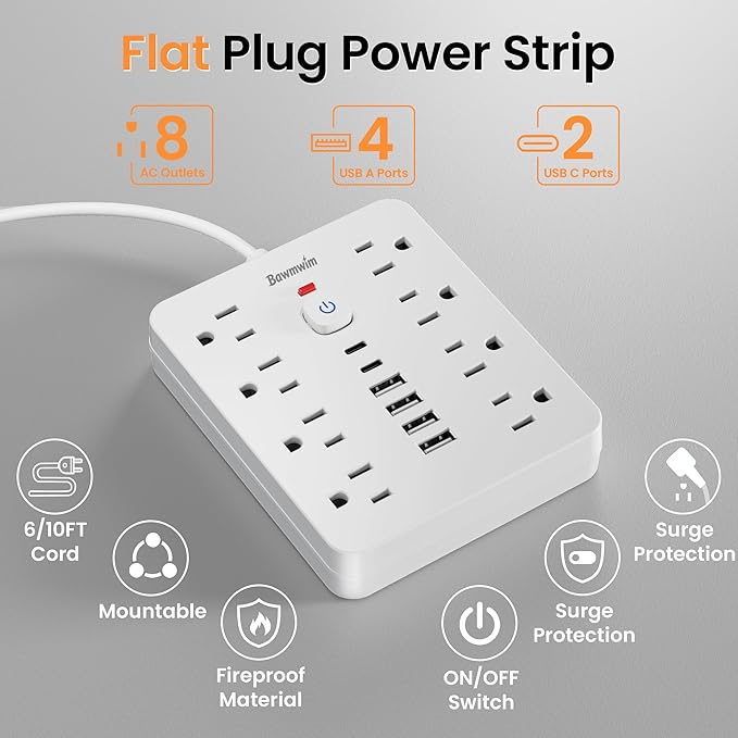 Surge Protector Power Strip - 8 Outlets(1250W/10A) 4 USB A（2 USB C, 10FT Flat Plug Extension Cord, Wall Mount Multi Plug Outlet Extender, ETL Listed for Home, Dorm Room