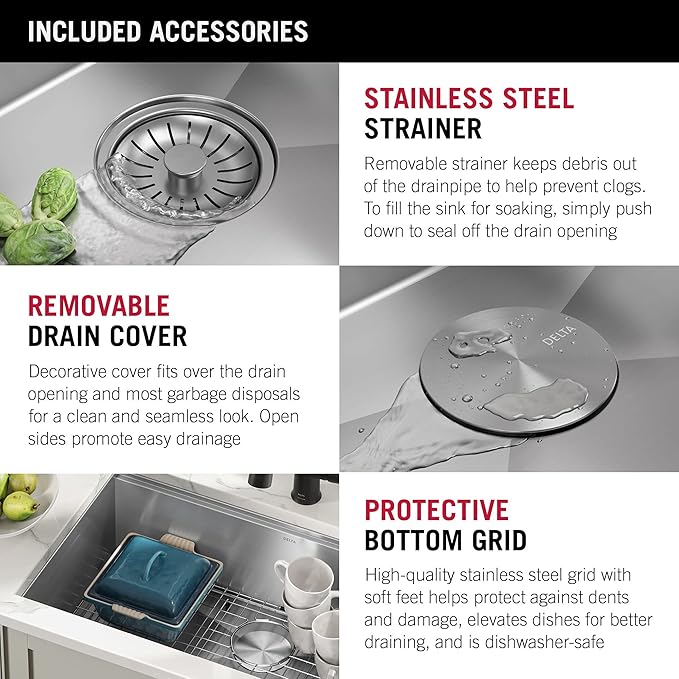 DELTA FAUCET DELTA Rivet 32-Inch Workstation Kitchen Sink Undermount 16 Gauge Stainless Steel Single Bowl with WorkFlow Ledge and Chef’s Kit of 6 Accessories, 95B931-32S-SS