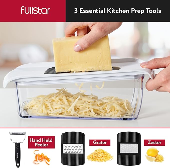 Fullstar Mandoline Slicer for Kitchen, Fruit Cutter, Cheese Grater, Cucumber Slicer, Veggie Spiralizer, Food Cutter & Kitchen Gadgets & Gifts with Safety Glove (9 in 1, White)