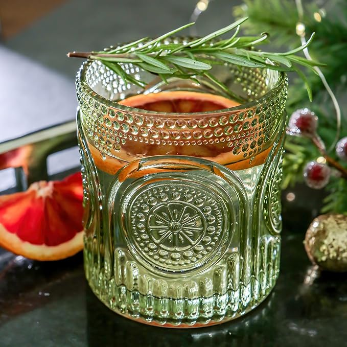 Kate Aspen Retro Arch Floral Green Drinking Glasses Set of 6-10 oz Vintage Beaded Glassware, Textured Water & Cocktail Cups, Holiday Drinkware, Christmas Gift Glass Set, Hostess or Holiday Gift