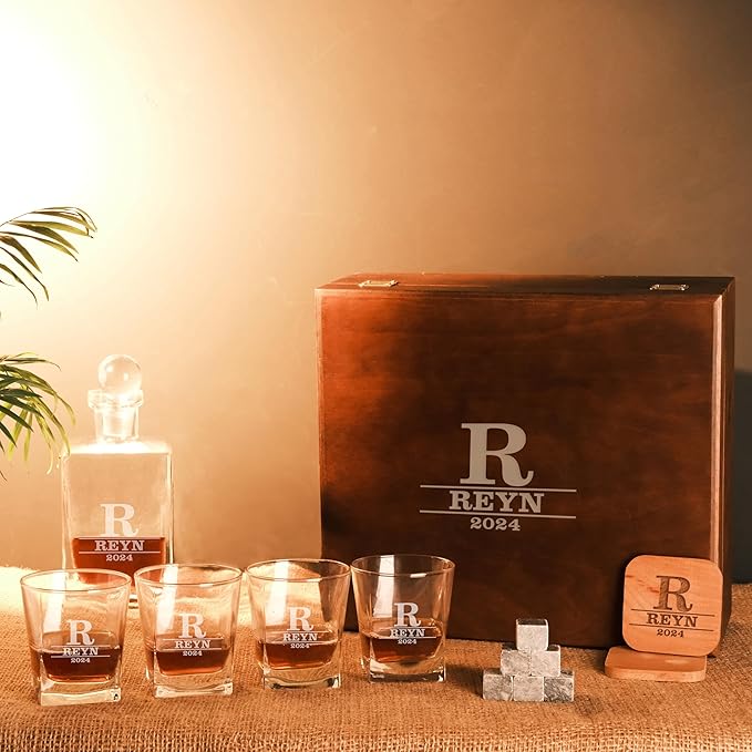 Personalized Whiskey Decanter Set with Custom Whiskey Glasses - Personalized Gifts for Men With Engraved Wooden Box and Whiskey Stones