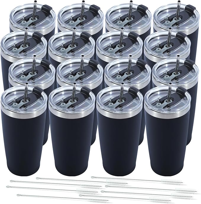 Dongni 20oz Tumbler Bulk Stainless Steel Vacuum Insulated Tumblers with Lid Double Wall Travel Mug Powder Coated Coffee Cup, Suitable for Ice Drinks and Hot Beverage（Black 16 pack）