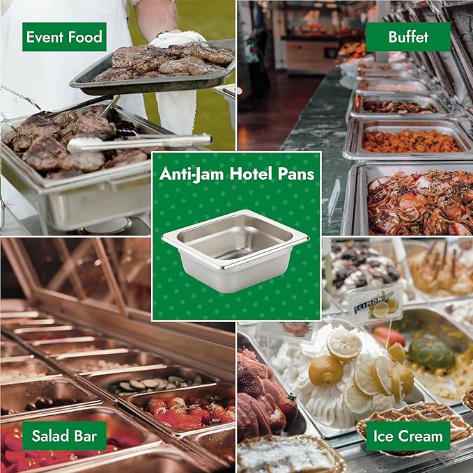 HECMAC 6 Pack Anti-Jam Hotel Pans, 1/6 Size 2 1/2 Inch Deep, Commercial Stainless Steel Chafing Steam Table Pan, Catering Storage Metal Food Pan, 23 Gauge