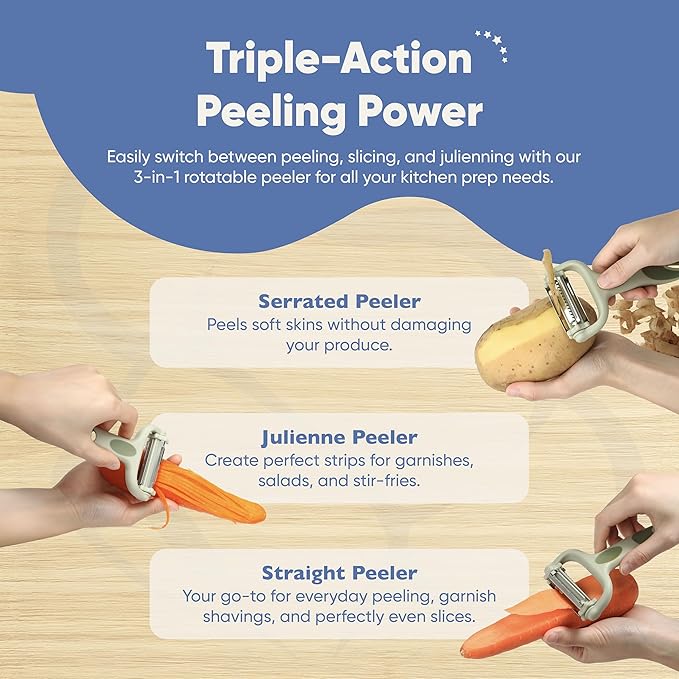 Chef’s Path Tri-Blade Y Peeler – Stainless Steel Fruit Peelers for Kitchen – Vegetable Slicer Kitchen Tools with Standard Peeler Blade, Serrated Peeler, Julienne Peeler and Pointed Blemish Remover