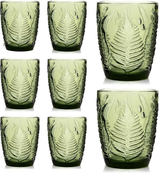 Vintage Green Drinking Glasses Set of 8 – 10 oz Embossed Textured Glass Cups, Retro Style Colored Drinkware for Water & Cocktails, Durable Decorative Kitchen Glassware, Unique and Cute Hostess Gift