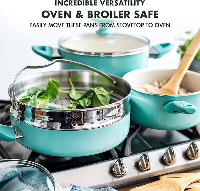 GreenPan Rio Healthy Ceramic Nonstick 16 Piece Cookware Pots and Pans Set, PFAS-Free, Dishwasher Safe, Turquoise