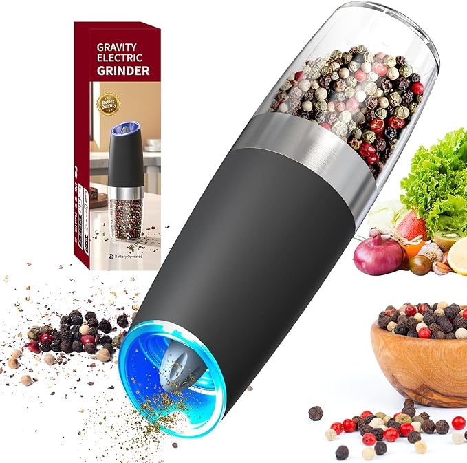 CIRCLE JOY Gravity Electric Pepper Grinder Salt Grinder Pepper Griner Mill Electric with LED Light, Battery Operated, Adjustable Coarseness, Washable 135ml Container, 1 Pcs