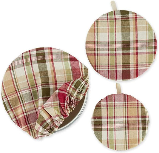 DII Reusable Cloth Bowl Cover Collection Machine Washable, Cotton with Elastic Stretch for Food Storage, 10.25"/8.25"/7.5" Diameter, Give Thanks Plaid, 3 Piece