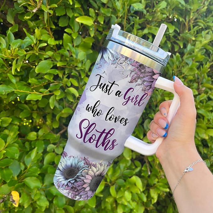 Personalized Sloth 40oz Tumbler with Handle and Straw Gifts for Sloth Lover, Cute Animal Gifts for Women on Birthday Christmas, Animal Lover Cup Gift, Custom Name Stainless Steel Travel Cup