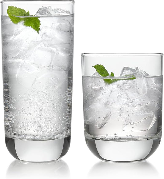 Libbey Polaris Tumbler and Rocks Glass Set, Elegant Drinkware Glasses Set,, Tall Drinking Glasses with Modern Clean Lines, Dishwasher Safe Drinking Glasses Set of 16