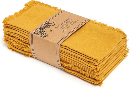 ACCENTHOME Mustard Cotton Linen Napkin Set of 12 18x18 inch Dinner Napkins - Washable Soft Premium Hotel Quality Reusable Hemmed Edges Napkins Perfect Table Linens for Family Dinners, Weddings
