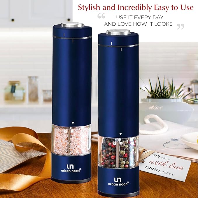 Electric Salt and Pepper Grinder Set - Battery Operated Stainless Steel Mill with Light (2 Mills) - Automatic One Handed Operation - Electronic Adjustable Shakers - Ceramic Grinders Blue