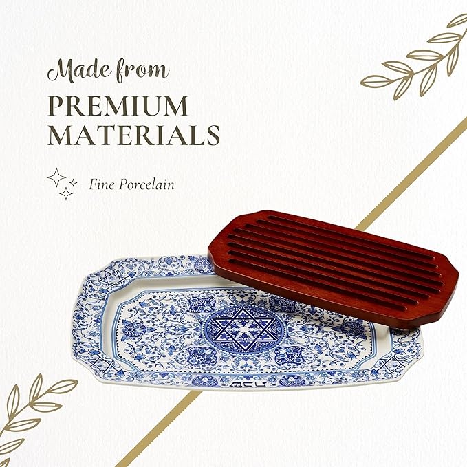 Spode Judaica Collection Challah Tray with Wood Insert - 17.5 Inch Blue & White Porcelain Shabbat Serving Piece, Traditional Judaic Tile Design, Removable Cutting Board Frame