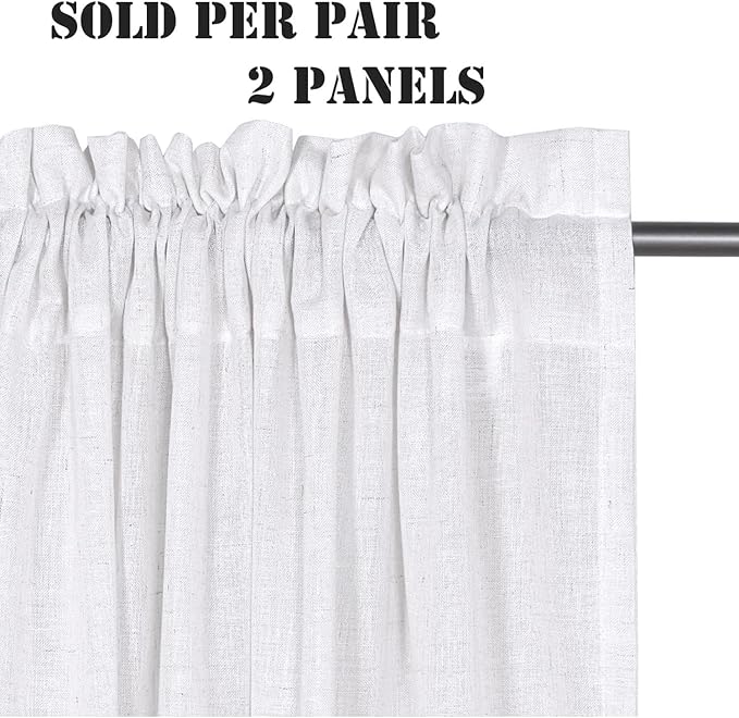H.VERSAILTEX Curtains 96 Inches Long for Living Room 2 Panels Rod Pocket Semi Sheer Linen Curtains for Bedroom Office Bay Neutral Boho Farmhouse 8 FT, Heathered White