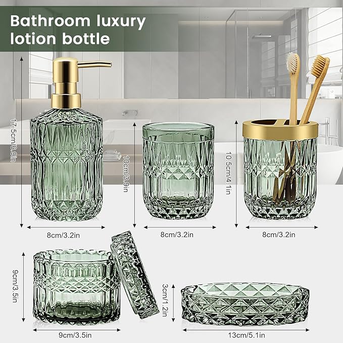 Green Bathroom Accessories Set, 5 Pcs Vintage Diamond Clear Glass Bathroom Set Include Lotion Soap Dispenser, Soap Dish, Toothbrush Holder, Tumbler, Cotton Swab Jar for Modern Bath Countertop Decor