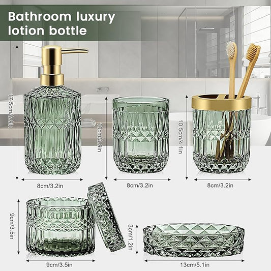 Green Bathroom Accessories Set, 5 Pcs Vintage Diamond Clear Glass Bathroom Set Include Lotion Soap Dispenser, Soap Dish, Toothbrush Holder, Tumbler, Cotton Swab Jar for Modern Bath Countertop Decor