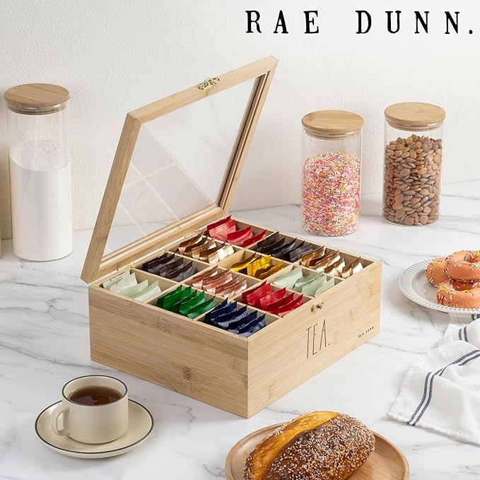 Rae Dunn Tea Bag Organizer - Tea Box Divided Storage Container Box with Hinge Lid for Kitchen Cabinet, Countertop, Pantry, Hold Coffee Pods, Seasoning Packets, Condiments, Bamboo