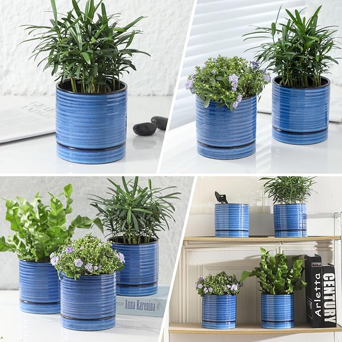 HASENSE Ceramic Plant Pots, 4.6 Inch Succulent Flower Pots for Indoor Plants, Modern Glaze Planter with Drainage Hole and Saucer, Blue Mini Windowsill Tabletop Decor, Set of 4