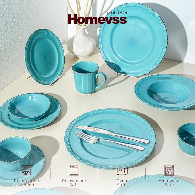 56pc Dinnerware Set, Plate and Bowl Set, Stoneware Dishes Set for 8, Microwave and Dishwahser Safe, Scratch Resistant, French Countryside Speckled Turquoise