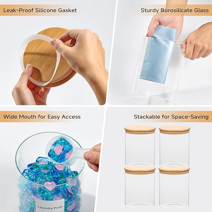 Glass Laundry Pods Container & Acrylic Dryer Sheet Holder with Bamboo Lids, Scoops & Labels | Premium Laundry Room Organization and Storage for Detergent Pods, Powder, Dryer Balls & Beads