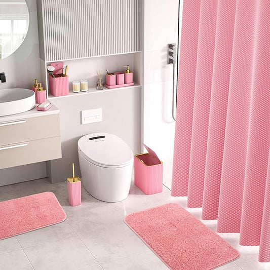 Bathroom Accessory Set - Bathroom Set, 27PC Bathroom Accessories Set, Pink Bathroom Sets with Shower Curtain and Rugs, Mini Trash Can, Toilet Brush, Trash Can & Soap Dispenser