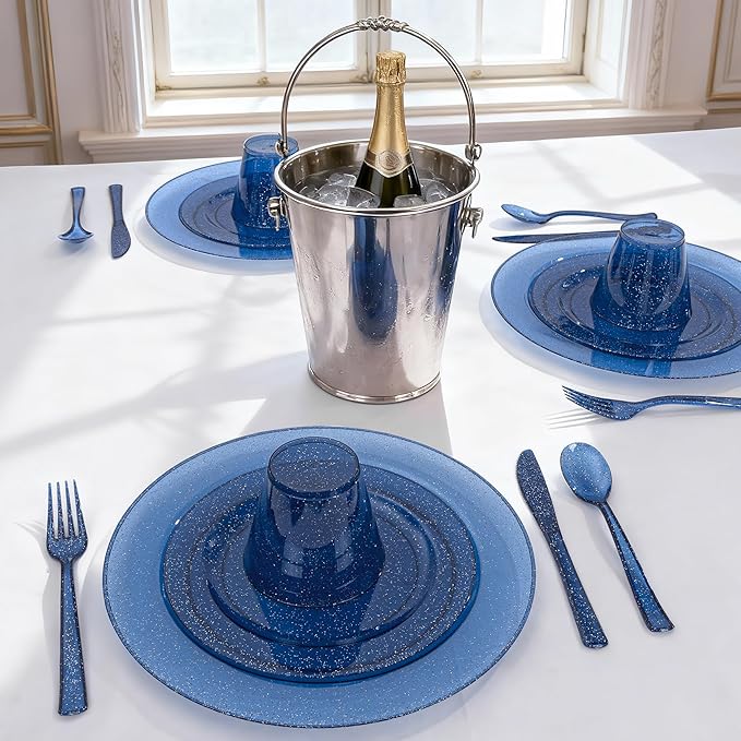 DaYammi 350 Pieces Cobalt Blue Glitter Dinnerware Set 50 Guest for Party- 50 Dinner Plates, 50 Dessert Plates -50 Per Rolled Napkins with Blue Cutlery - 50 Disposable Cups 9 OZ