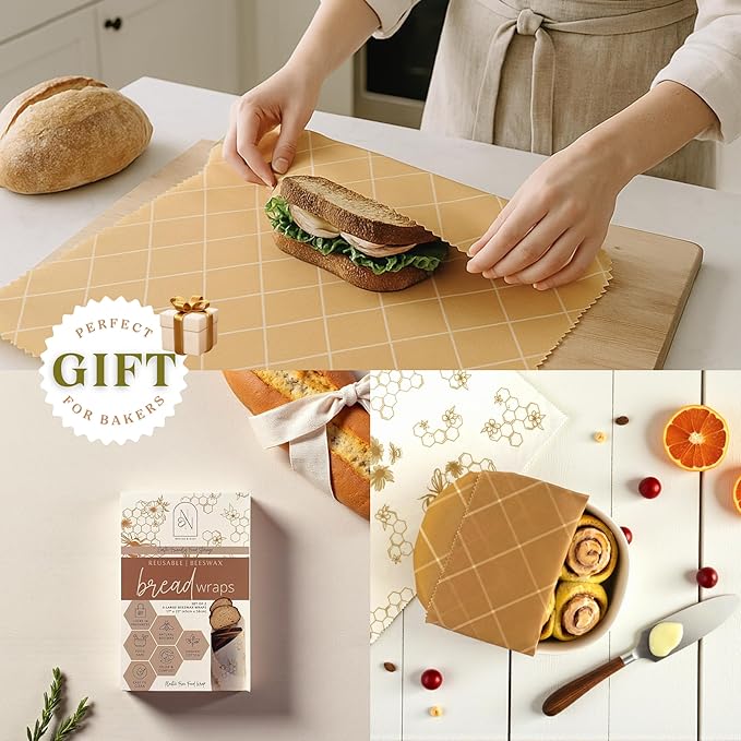 Beeswax Bread Wraps – Reusable, Eco-Friendly, Organic Cotton Wraps for Food, Sourdough, Artisan Bread, Sandwiches, Baked Goods– Plastic-Free, Biodegradable, Zero Waste, Sustainable Kitchen Storage