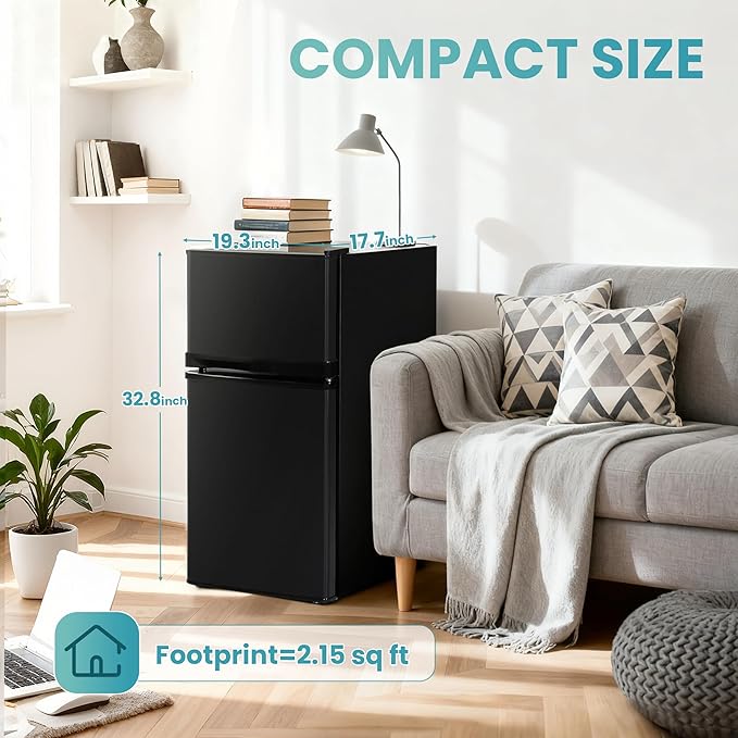 Double Door Refrigerator with Freezer, 3.55 Cu.Ft, Small Fridge with Freezer, 7 Settings Temperature Adjustable, Mini Refrigerator for Office and Apartment Bedroom Dorm(3.55 Cu.Ft, Black)